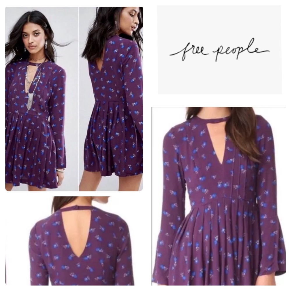 Free People Purple Mini Dress with Blue Floral Print